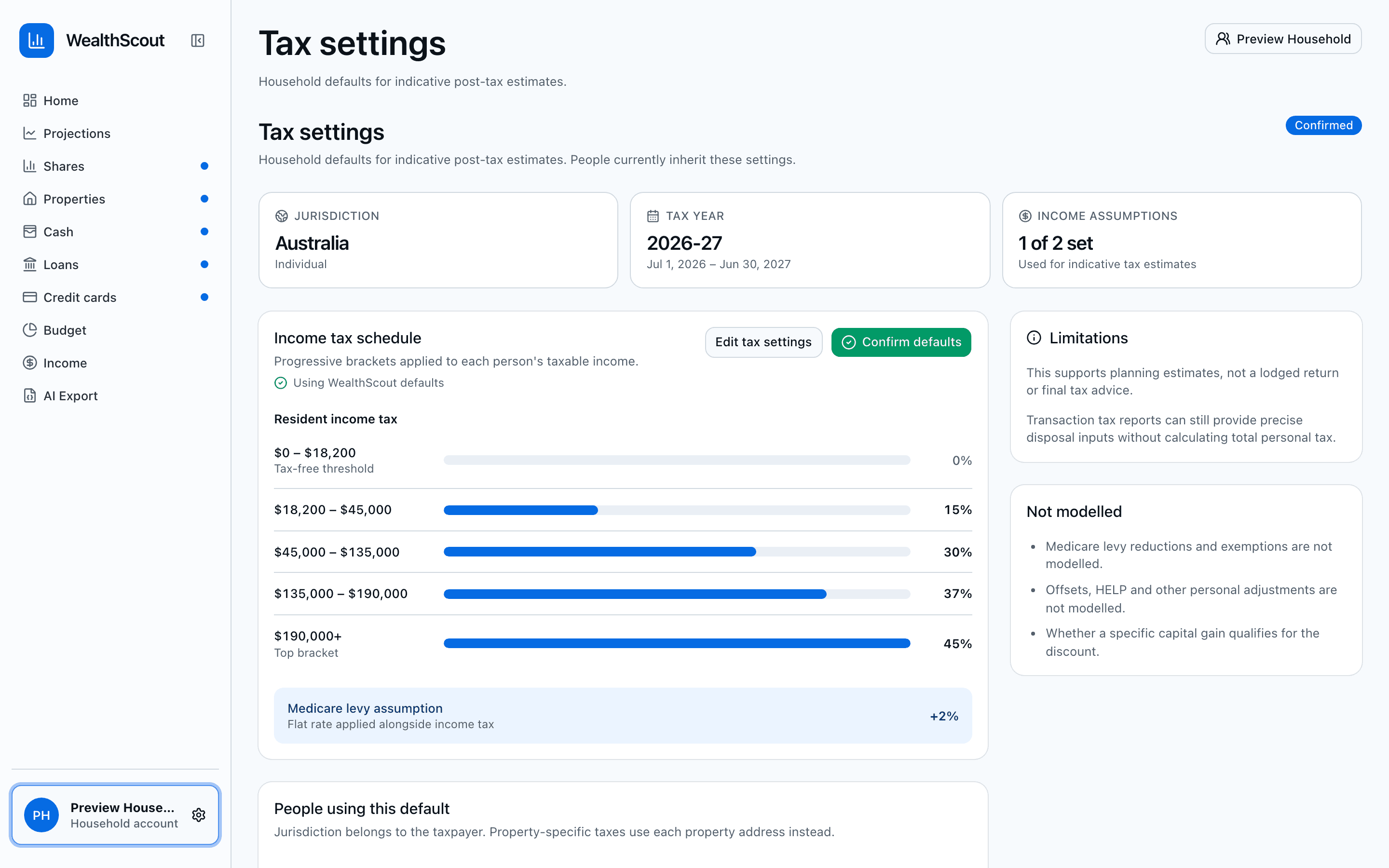 WealthScout tax settings showing the household jurisdiction, region and filing profile options