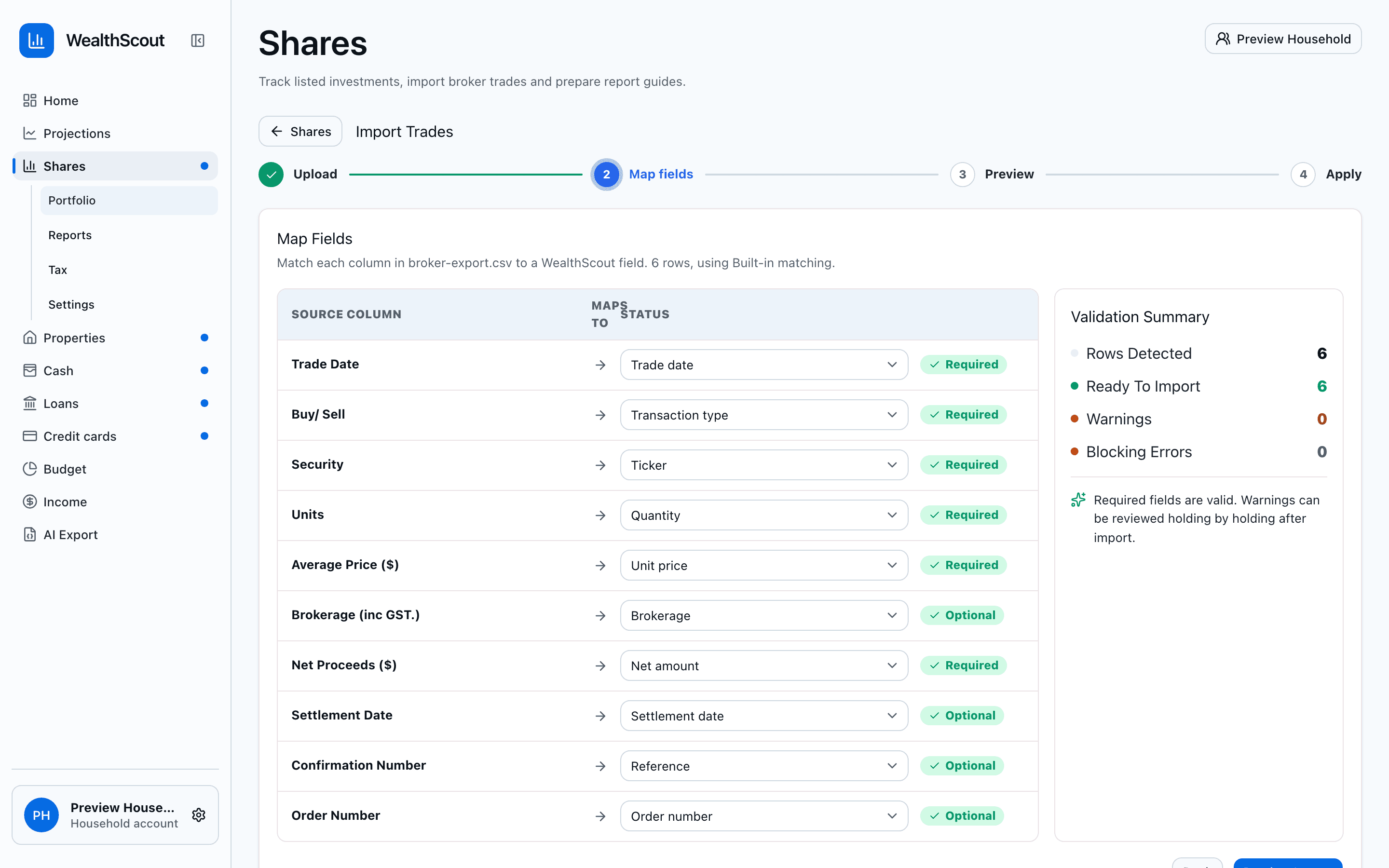 WealthScout share import showing mapped broker file columns and validation before trades are imported